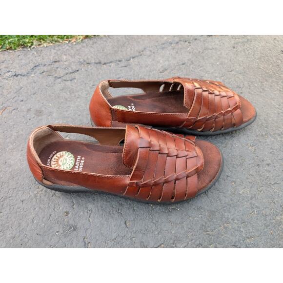 Earth Shoe Gelron 2000 Cherub Brown Leather Woven Sandals Slip On Womens 8.5 - Picture 1 of 7